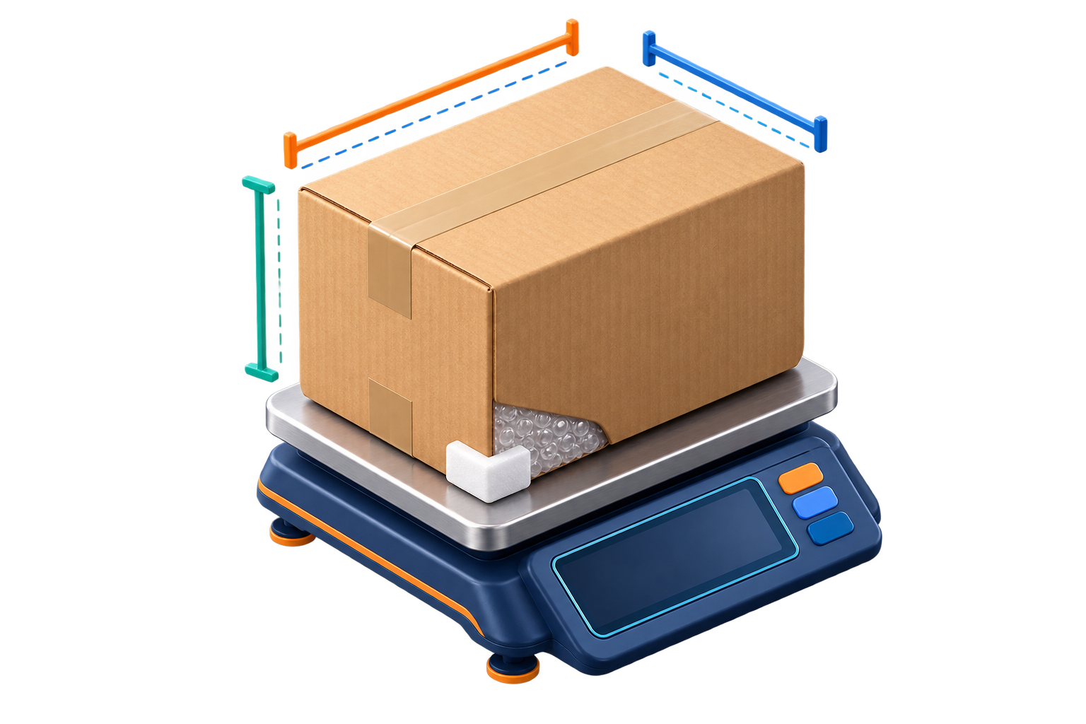A protected export parcel measured on a digital scale with dimension guides